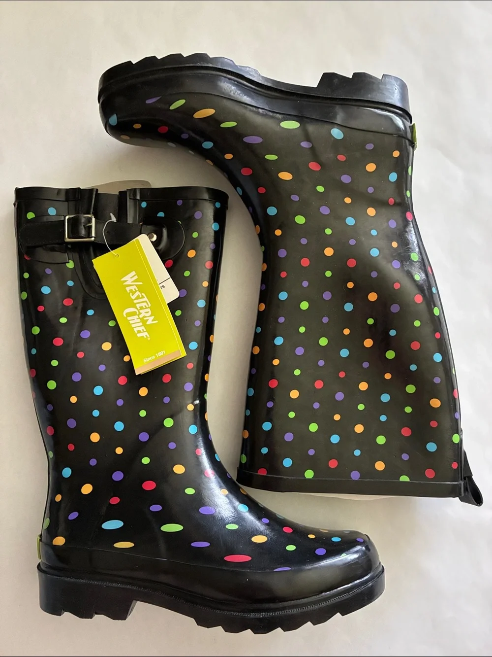 Western Chief Black Rain Boots with Multicolor Polka Dots